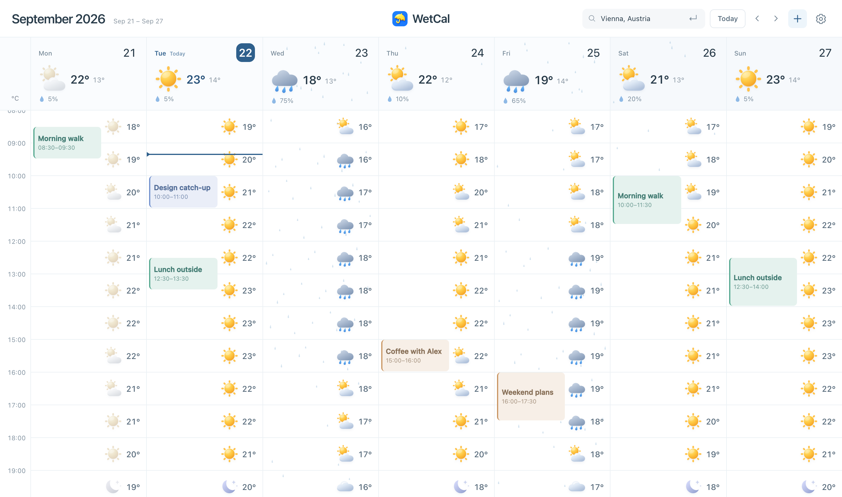 WetCal’s weekly calendar showing hourly sunshine and rain forecasts beside plans including a morning walk, lunch outside, and coffee with Alex.